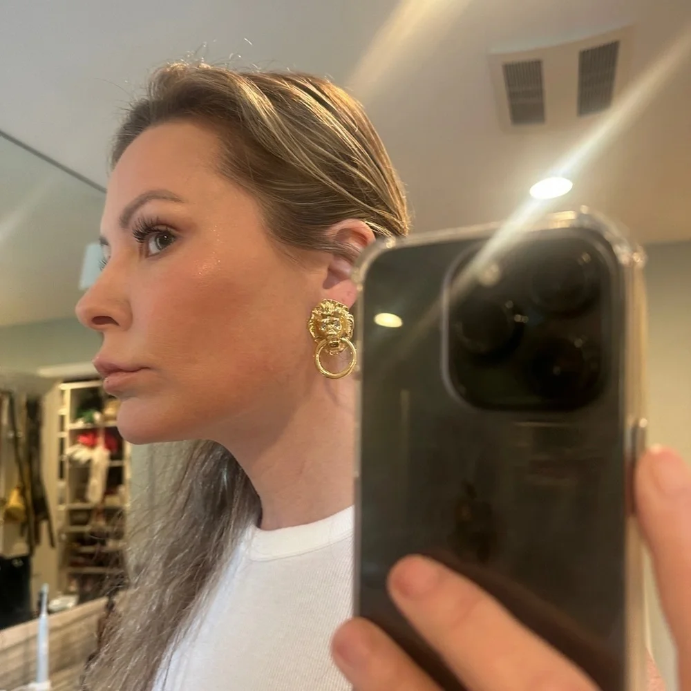 Vintage KJL for Avon Gold Lion Head Knocker Earrings for pierced ears